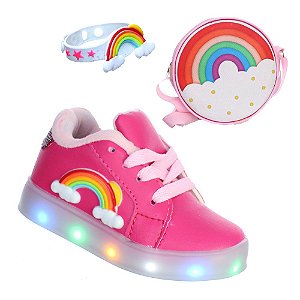 Kit Tenis de Criança Rosa Arco Iris Luz de Led Colorido