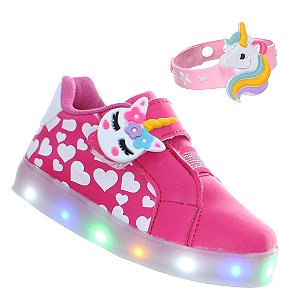 Tenis Calçado de criança com Luz de Led Pisca Unicornio Pink Meninas + Pulseira