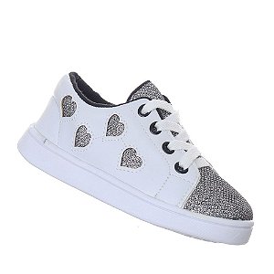 Tenis de menina coração glitter branco prata infantil