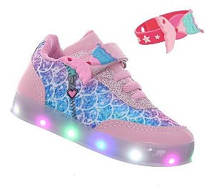 Kit Tenis Sapato De Sereia Criança De Led Luzinha Menina + Pulseira