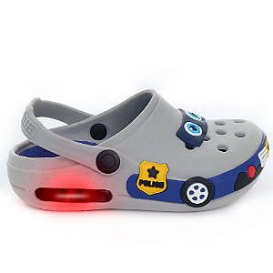 Babuche Infantil Menino Luz Led Sandália Carrinho Policia Cinza Ou Vermelho