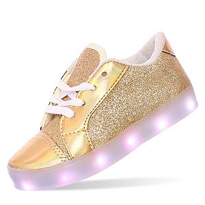 Tenis de led recarregável Dourado Glitter feminino infantil