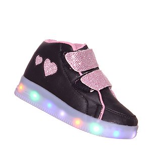 Tênis Botinha Led Infantil Meninas Coração preto e rosa