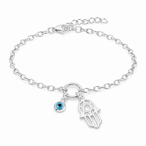 Pulseira - Hamsa e Estrela de David + Olho Grego - Prata 925