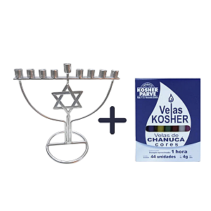 Kit: Chanukiá Prateada Estrela + Caixinha de Velas para Chanuká