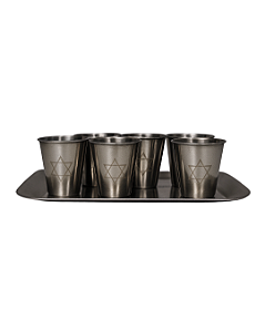 Kit para Kidush – 6 Copos com Bandeja em Aço Inoxidável