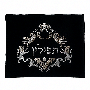Capa para Tefilin Bordado Prateado - Veludo Preto - Leão da Tribo de Judá