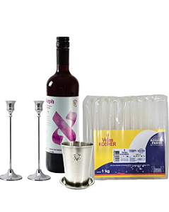 Kit Shabat Completo – Velas Nº 9 + Castiçais + Copo de Kidush + Vinho Kasher