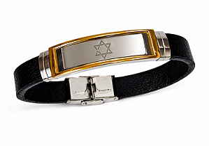 Pulseira de Couro e Aço - Estrela de David