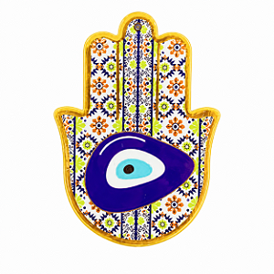 Hamsa de Porcelana Olho Grego e Flores - Enfeite de Parede