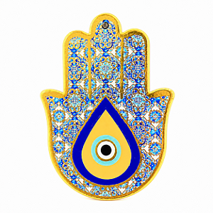 Hamsa de Porcelana Olho Grego e Flores Azuis - Enfeite de Parede