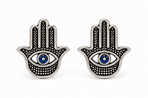 Brinco Hamsa com Olho Grego Azul em Prata Envelhecida
