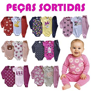 Kit 3 a 12 Peças Roupa de Bebê Sortido Body de Bebê MENINA Manga Longa– Conjunto de Bebê INVERNO RN–GG