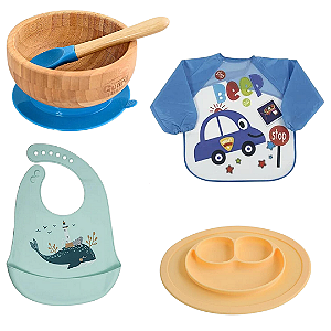 Kit 4 Peças Introdução Alimentação BLW Bambu e Silicone Bebê Infantil c/ Bowl Babador Bambu (menino carro)