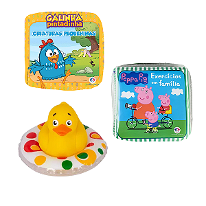 Kit 3 Peças Brinquedos de Banheira Bebê Infantil - Livrinho e Patinho de Banho (Pato borracha, Galinha Pintadinha e Peppa Pig)