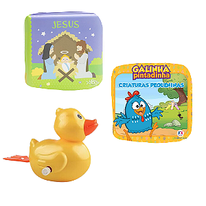 Kit 3 Peças Brinquedos de Banheira Bebê Infantil - Livrinho e Patinho de Banho (Pato de corda, Galinha Pintadinha e Jesus)