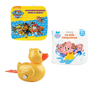 Kit 3 Peças Brinquedos de Banheira Bebê Infantil - Livrinho e Patinho de Banho (Pato de corda, Patrulha Canina e Os 3 Porquinhos)