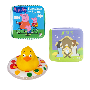 Kit 3 Peças Brinquedos de Banheira Bebê Infantil - Livrinho e Patinho de Banho (Pato borracha, Peppa Pig e Jesus)