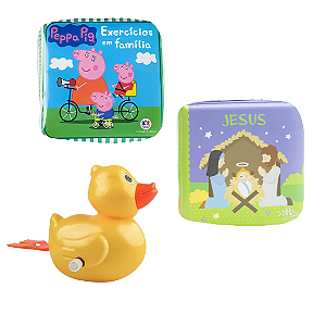 Kit 3 Peças Brinquedos de Banheira Bebê Infantil - Livrinho e Patinho de Banho (Pato de corda, Peppa Pig e Jesus)