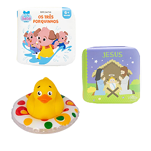 Kit 3 Peças Brinquedos de Banheira Bebê Infantil - Livrinho e Patinho de Banho (Pato borracha, Os 3 Porquinhos e Jesus)