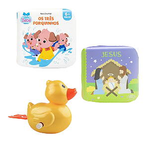 Kit 3 Peças Brinquedos de Banheira Bebê Infantil - Livrinho e Patinho de Banho (Pato de corda, Os 3 Porquinhos e Jesus)