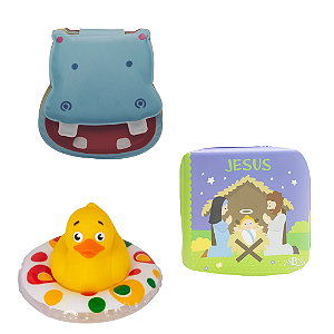 Kit 3 Peças Brinquedos de Banheira Bebê Infantil - Livrinho e Patinho de Banho (Pato borracha, Hipopótamo e Jesus)