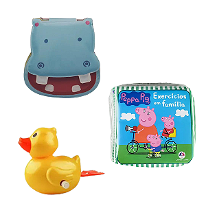 Kit 3 Peças Brinquedos de Banheira Bebê Infantil - Livrinho e Patinho de Banho (Pato corda, Hipopótamo e Peppa)