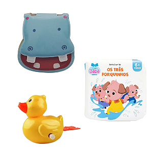Kit 3 Peças Brinquedos de Banheira Bebê Infantil - Livrinho e Patinho de Banho (Pato corda, Hipopótamo e Os Três Porquinhos)