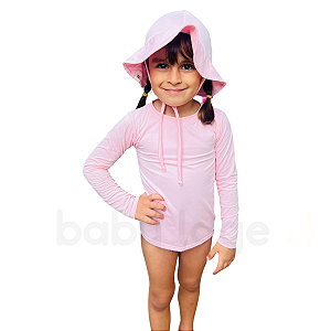 Kit Camiseta Manga Longa e Chapéu de praia piscina proteção uv infantil bebê (Rosa claro)