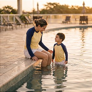 Kit Mãe e Filho Camiseta UV Manga Longa FPU 50+ Amarelo com manga azul marinho