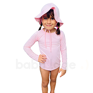 Kit Camiseta UV Manga Longa + Chapéu de Praia Bebê FPU 50+ Rosa claro
