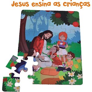 Quebra cabeça Bíblico Jesus com as crianças  24 Peças de Madeira MDF Brinquedo Educativo