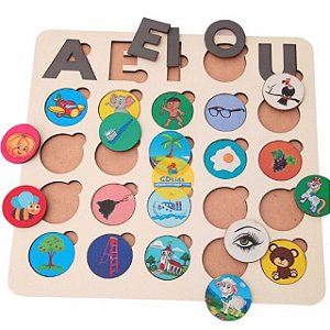 Jogo Aprendendo as  Vogais com Imagens  Brinquedo Educativo e Pedagógico em Madeira MDF Vogal Alfabetização Infantil Bri
