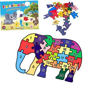 Quebra  Cabeça Elefanúmeros  Números 25 peças em Madeira Brinquedo Educativo e Pedagógico Matemática Numerais Alfabetiza