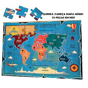 Quebra Cabeça Mapa Múndi 24 Peças em Madeira MDF Brinquedo Educativo e Pedagógico