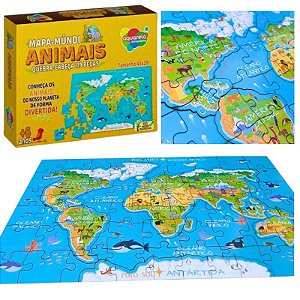 Quebra Cabeça Mapa Mundi Animais  119 Peças de Madeira Brinquedo Educativo e Pedagógico Quebra Cabeça Médio