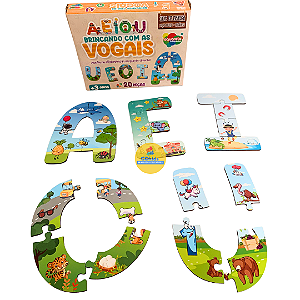 Jogo Brincando com as Vogais 20 peças em Madeira  Brinquedo Educativo Alfabetização Pedagógico Vogal Aquarela
