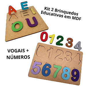 Kit 2 Brinquedos Educativos Pedagógicos Madeira MDF Numerais + Vogais Números letras Alfabetização Montessori