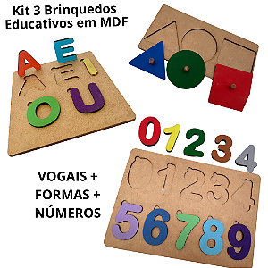 Kit 3 Brinquedos Educativos Pedagógicos Madeira MDF Numerais Vogais Formas Geométricas Números letras Alfabetização Montessori