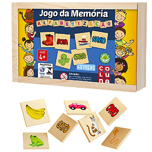 Jogo da Memória Educativo Letras e Figura Alfabetização 40 peças em Madeira Coluna - Aprendizado Lúdico