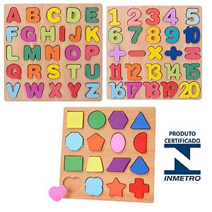 Kit 3 Quebra Cabeças Educativos MDF Alfabeto Números e Formas Geométricas