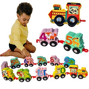 Trenzinho Educativo de Madeira Infantil Números 0 a 9 Brinquedo Pedagógico Colorido Montessori