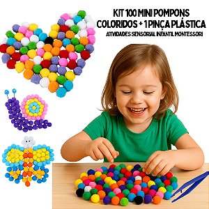 Kit Sensorial Educativo Montessori 100 Mini Pompons Coloridos + Pinça Plástica Coordenação Motora