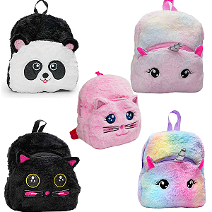 Mochila Escolar de Pelúcia Infantil Leve e Fofa com Zíper Polibrinq