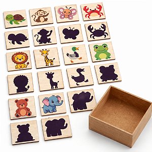 Jogo da Memória Infantil e Associação Animais e Sombras 20 Peças Madeira