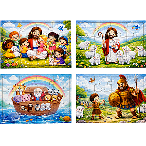 Quebra Cabeça Infantil Cristão MDF 12 Peças Educativo Arca de Noé Jesus Crianças Davi e Golias Brinquedo Bíblico