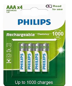 Pilha Recarregavel AAA Philips 1000mah c/ 04 Unid
