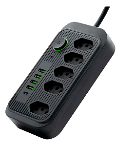 Filtro Linha 05 Tomadas c/ 04 Usb + USB-C 5v Preto