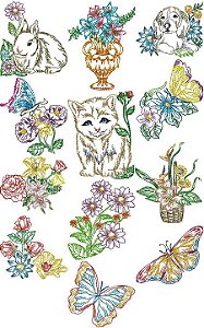 Matriz Bordado Animais No Jardim Contorno