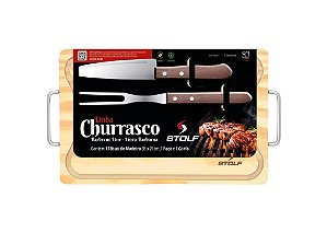 Jogo Churrasco 35x21cm 3 peças Médio (tábua c/cabo, faca, garfo) Stolf